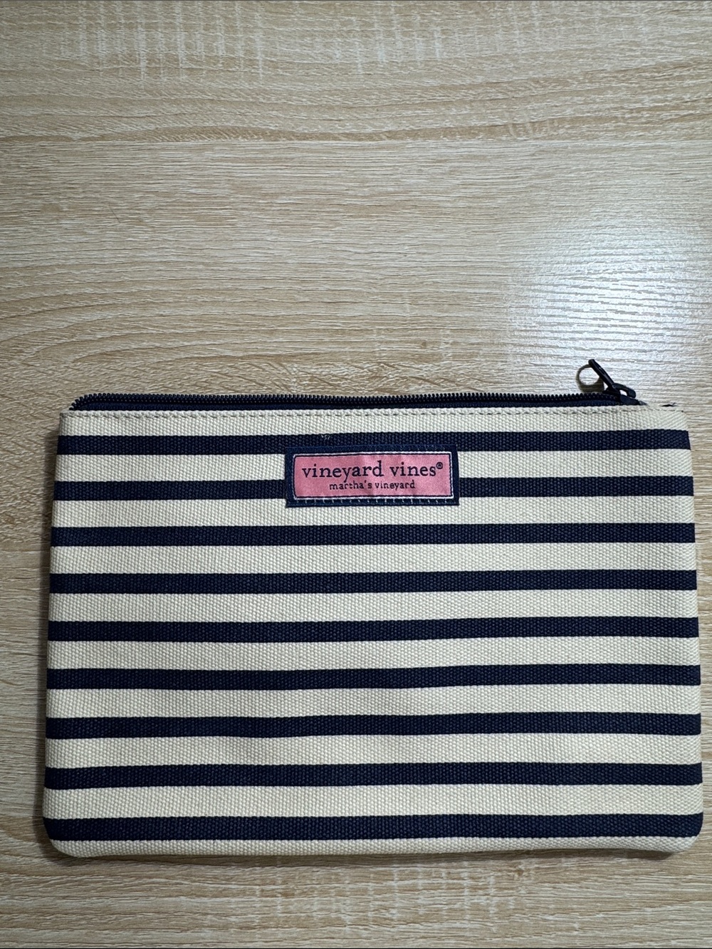 Vineyard Vines Striped Canvas Zip Pouch in Navy, Cream & Pink Logo